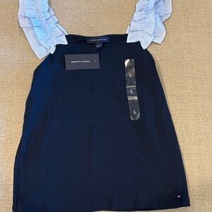 Tommy Hilfiger Women's Black Top with Striped Ruffle Sleeves